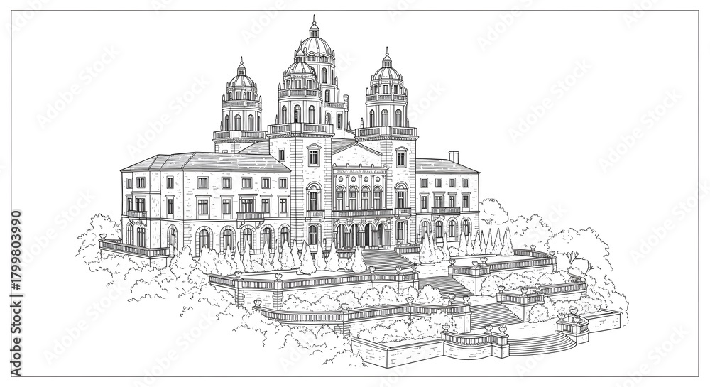 Fototapeta premium Elegant Palace Building Line Art Illustration