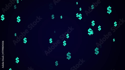 Flying through US dollar signs in particle space with stars. Moving from center, night sky. Yellow and white color, black background.