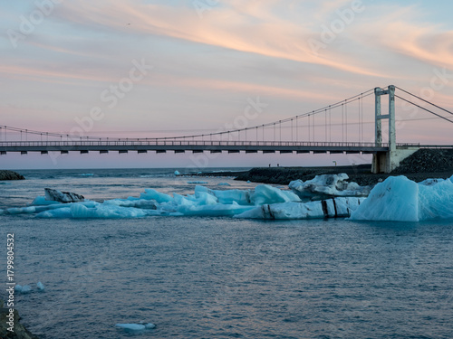 Bridge over Glacier Lagoon in Iceland at sunset