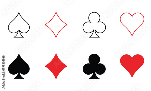 Classic playing card symbols set in red and black, vector illustration with transparent background, perfect for casino graphics, game interfaces, and digital card design.