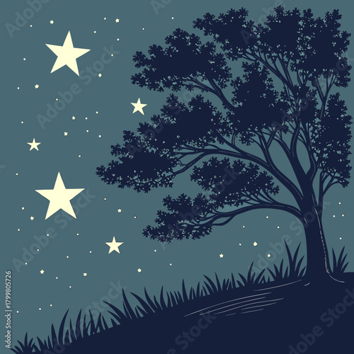 Silhouette of a large tree under a starry night sky with grass in the foreground