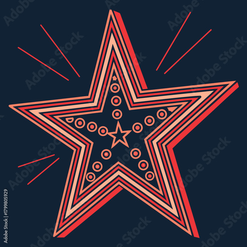 Retro marquee star with circles and rays on dark blue background