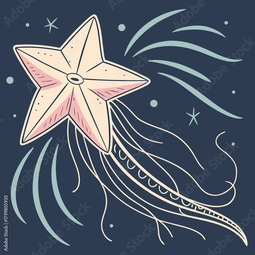 Stylized starfish jellyfish floating in a dark blue cosmic sea