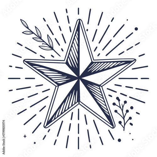 Nautical star with sunburst and botanical elements hand drawn illustration