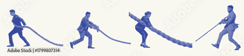 Business teamwork challenge with halftone silhouettes pulling rope for strategy and competition