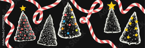 Halftone grunge Christmas tree illustration with bold retro colors and festive graphic holiday elements