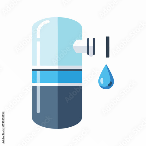 A stylized illustration depicts a water filter with a drop of clean water, symbolizing purification and environmental consciousness.