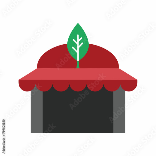 A minimalist illustration of a shop with a red awning and a green leaf emblem, symbolizing natural products and organic business.