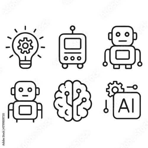 Artificial Intelligence web icons in line style. Innovation technology, machine, robot, bot, brain vector
