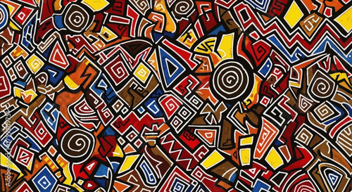 Abstract Geometric Pattern with Vibrant Colors and Tribal Motifs