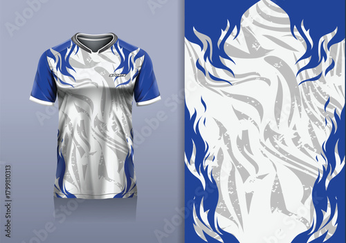 T-shirt mockup abstract texture grunge sport jersey design for football, soccer, racing, esports, running, blue white gray color