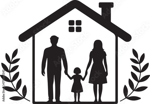 Black silhouette of a family of three holding hands inside a house outline with laurel branches