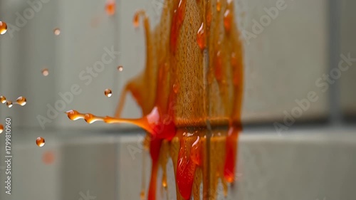 Tomato crashes into wall and splatters, creating a colorful mess of juice on the surface