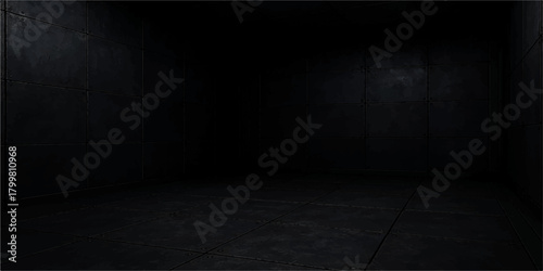 Dark grunge concrete room interior with empty gray wall and wooden floor texture