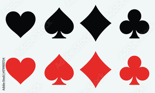 Black and Red Playing Card Icons – Hearts, Spades, Diamonds, Clubs Illustration, Classic Casino and Poker Design, Card Suit Vector, Gambling Game Artwork, Casino and Card Graphics