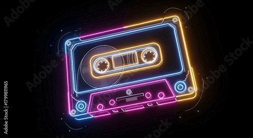 Neon cassette tape with transparent background