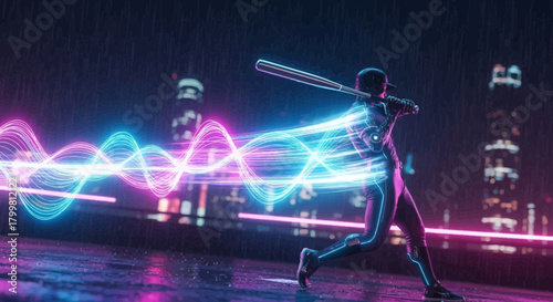 Cyberpunk baseball player hitting neon ball