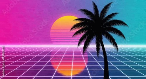 Retro sunset palm tree scene with grid background