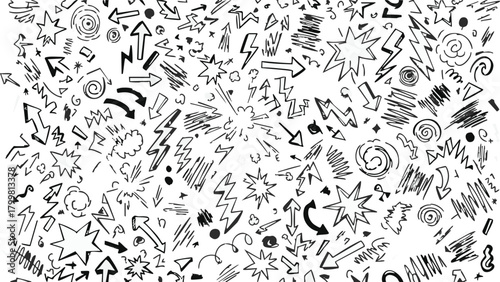 Seamless pattern with various hand drawn arrows stars explosions and scribbles background