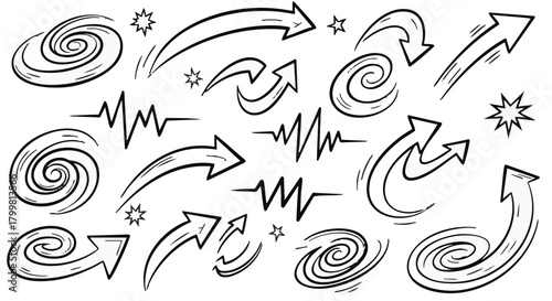 Set of doodle hand drawn arrows spirals stars and heartbeat lines vector sketch illustration collection