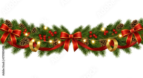 Christmas garland with red bows pine cones holly berries and string lights decoration