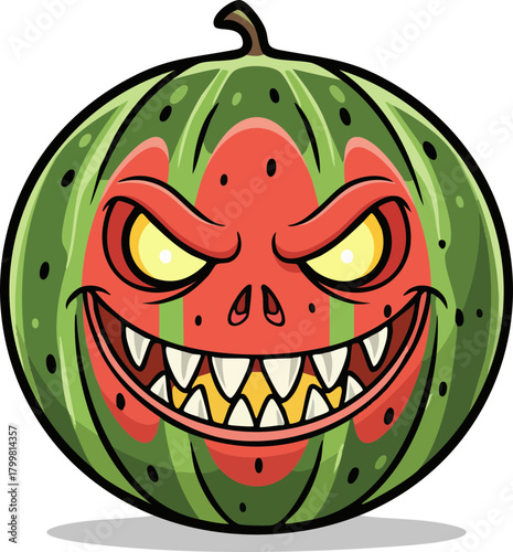 Scary watermelon character with sharp teeth and evil eyes