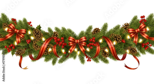 Christmas garland with pine cones, red bows, holly leaves and string lights decoration