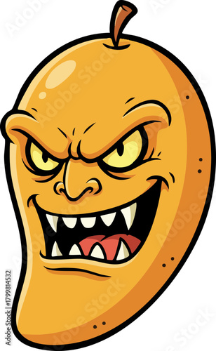 Evil cartoon mango character with scary face and sharp teeth