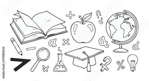 Hand drawn school education symbols set open book globe apple graduation cap laboratory glass