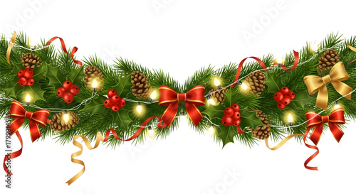 Christmas garland with pine cones holly berries ribbons and string lights decoration