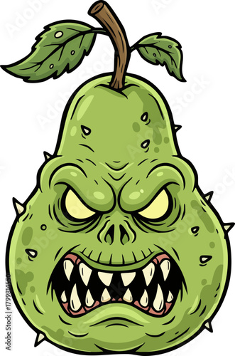 Angry cartoon pear character with sharp teeth and spiky skin