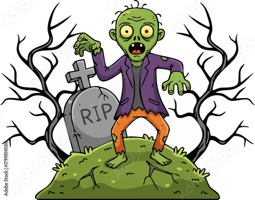 Cartoon zombie rising from grave with bare trees