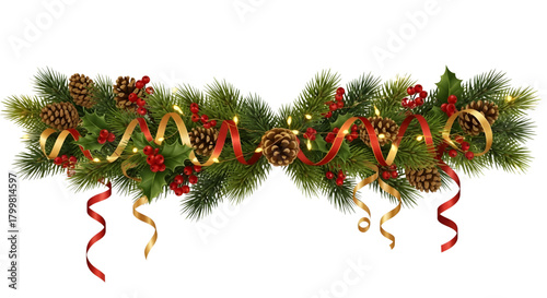 Christmas garland with pine cones berries ribbons and lights on a white background