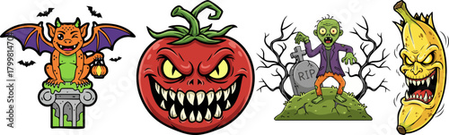 Funny cartoon monsters and characters for Halloween designs