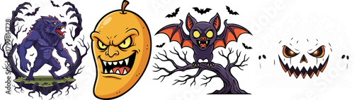Scary Halloween characters cartoon illustration