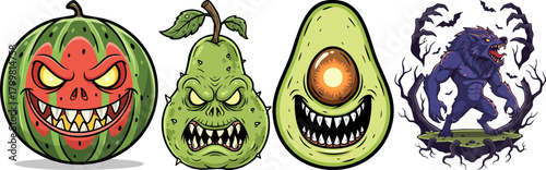 Whimsical and Spooky Fruit and Monster Characters Illustration