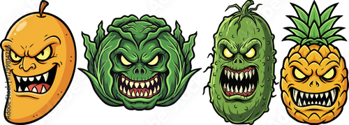 Scary cartoon fruits and vegetables with monster faces