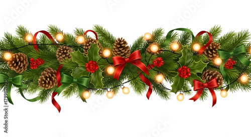 Christmas garland with pine cones, holly leaves, ribbons and string lights decoration
