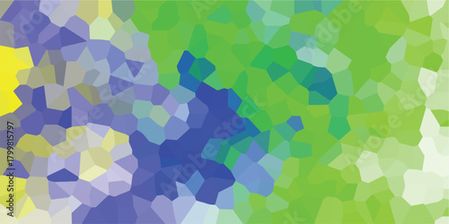 Abstract mosaic pattern with vibrant yellow purple and green polygonal shapes creating a dynamic and colorful geometric background texture for digital design and artistic concepts