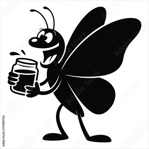 Happy cartoon bee with honey jar delivering natural sweetness isolated on white background, Vector