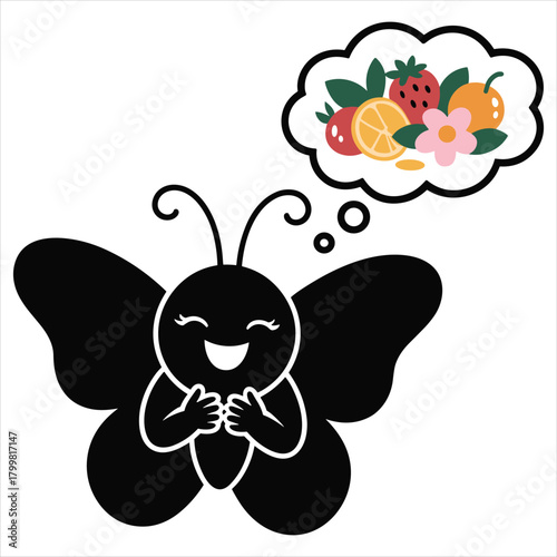 Happy butterfly dreaming of delicious fresh fruits and flowers isolated on white background, Vector