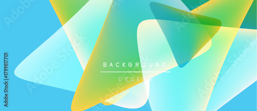 Abstract geometric shapes overlap. Vibrant colors blend, creating dynamic background design. Blue dominates lower portion.