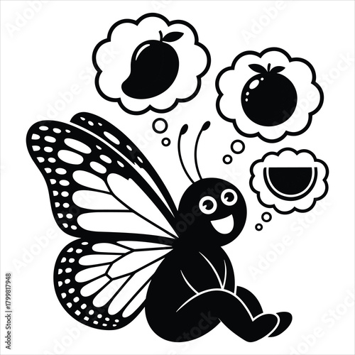 Joyful cartoon butterfly thinking of juicy, healthy, sweet fruits isolated on white background, Vector