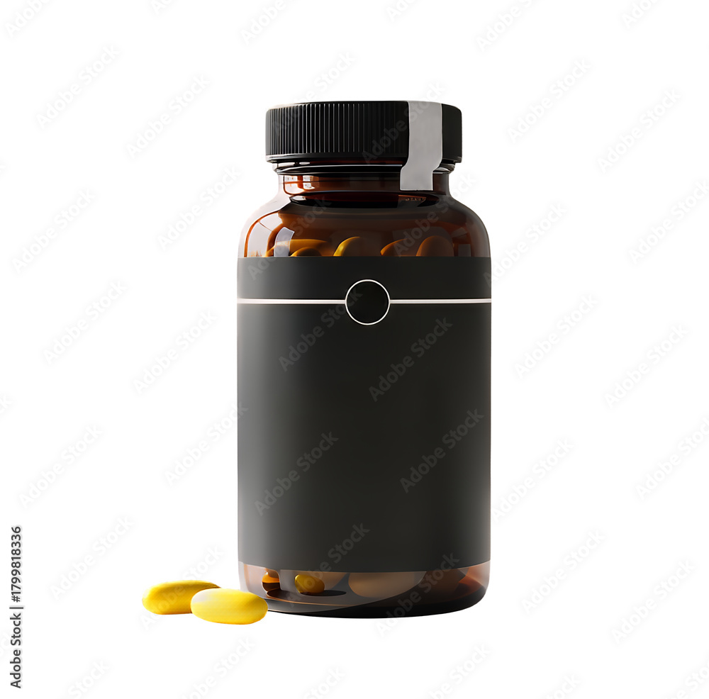 Naklejka premium Amber glass bottle with blank black label and cap, filled with supplement pills, next to two spilled yellow capsules, isolated on a clean transparent background