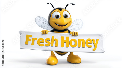 Smiling cartoon bee presents a Fresh Honey sign on a white studio background, emphasizing sweet natural product branding, friendly mascot style and cheerful commercial food concept