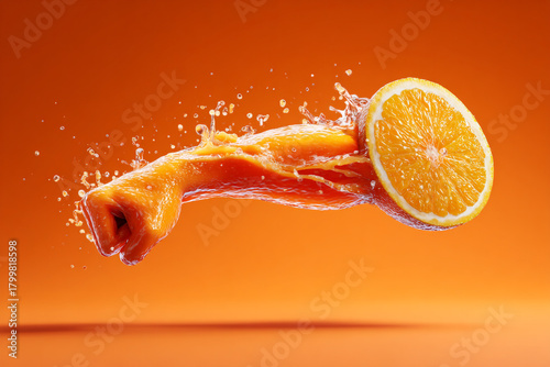 An imaginative arm made of fresh orange juice with a clenched fist punches a vibrant orange slice creating a refreshing splash against an energetic orange background