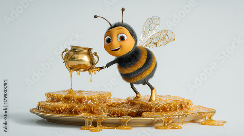 Smiling cartoon bee pours honey onto stacked honeycombs in a bright minimalist scene, highlighting sweet harvest, playful character design and joyful natural product concept