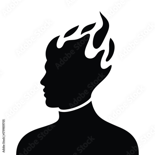 Silhouette of a person with flames erupting from their head
