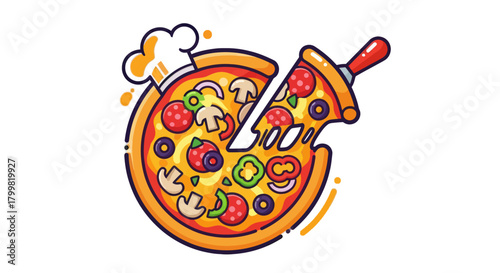 Vibrant cartoon pizza illustration with a slice being lifted out.