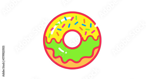 Vibrant cartoon donut with colorful sprinkles and green icing.